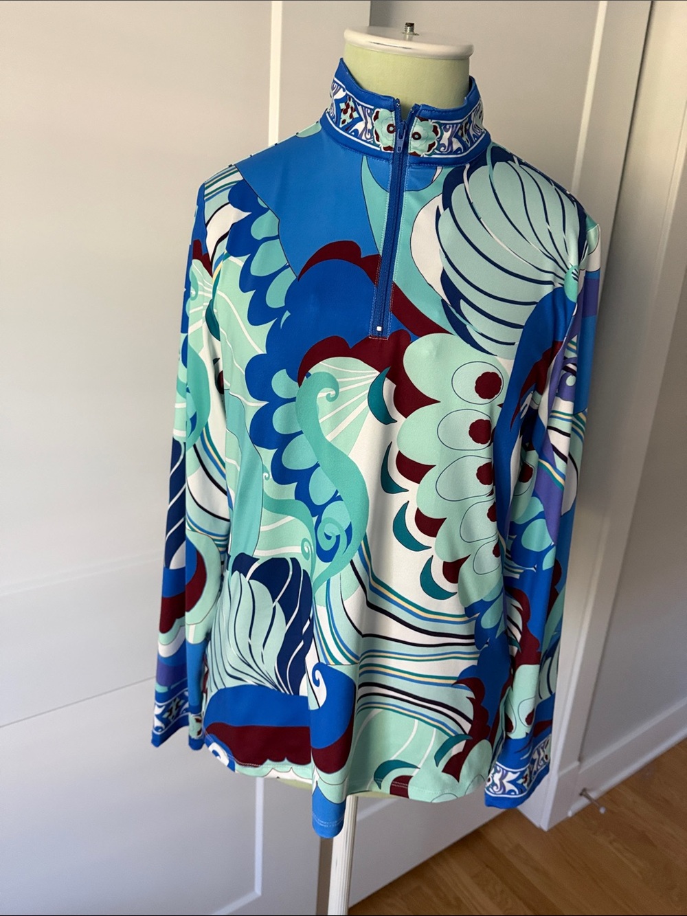 Jean-Pierre Klifa Quarter-Zip Long Sleeve Top in Blue Multi Swirl Print